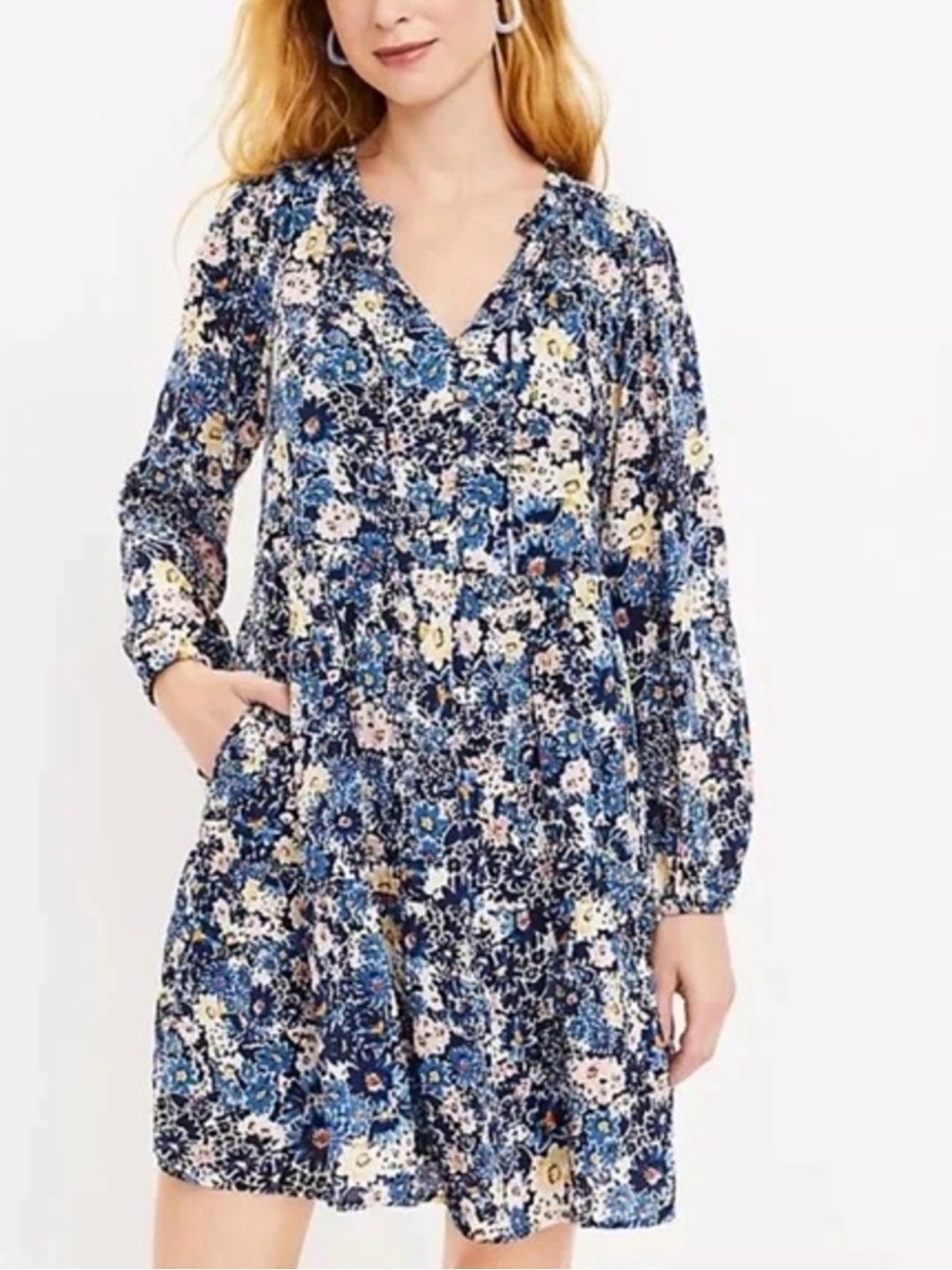 LOFT Blue Floral V-Neck Long-Sleeve Tiered Dress